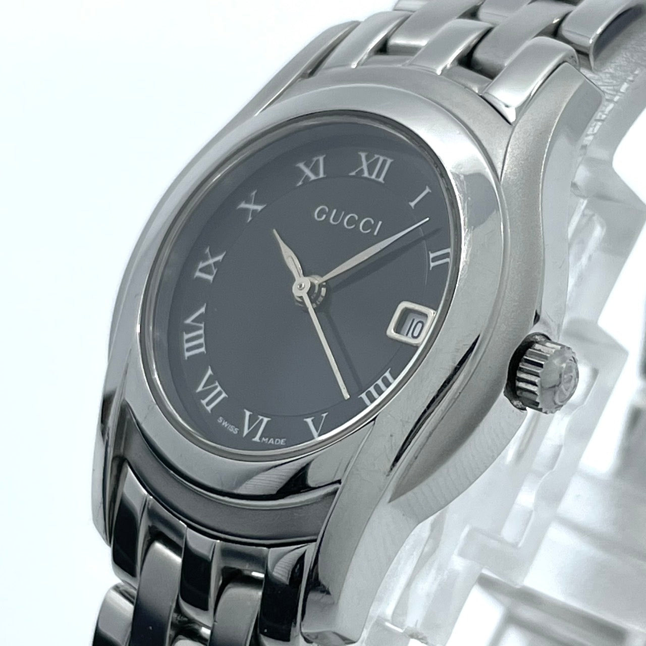 【電池交換済】GUCCI グッチ 5500L レディース腕時計 ブラック文字盤 デイト クオーツ ラウンド ローマンインデックス アナログ ドレスウォッチ エレガント クラシックデザイン ステンレス クリーニング済み G