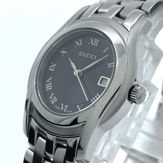 【電池交換済】GUCCI グッチ 5500L レディース腕時計 ブラック文字盤 デイト クオーツ ラウンド ローマンインデックス アナログ ドレスウォッチ エレガント クラシックデザイン ステンレス クリーニング済み G