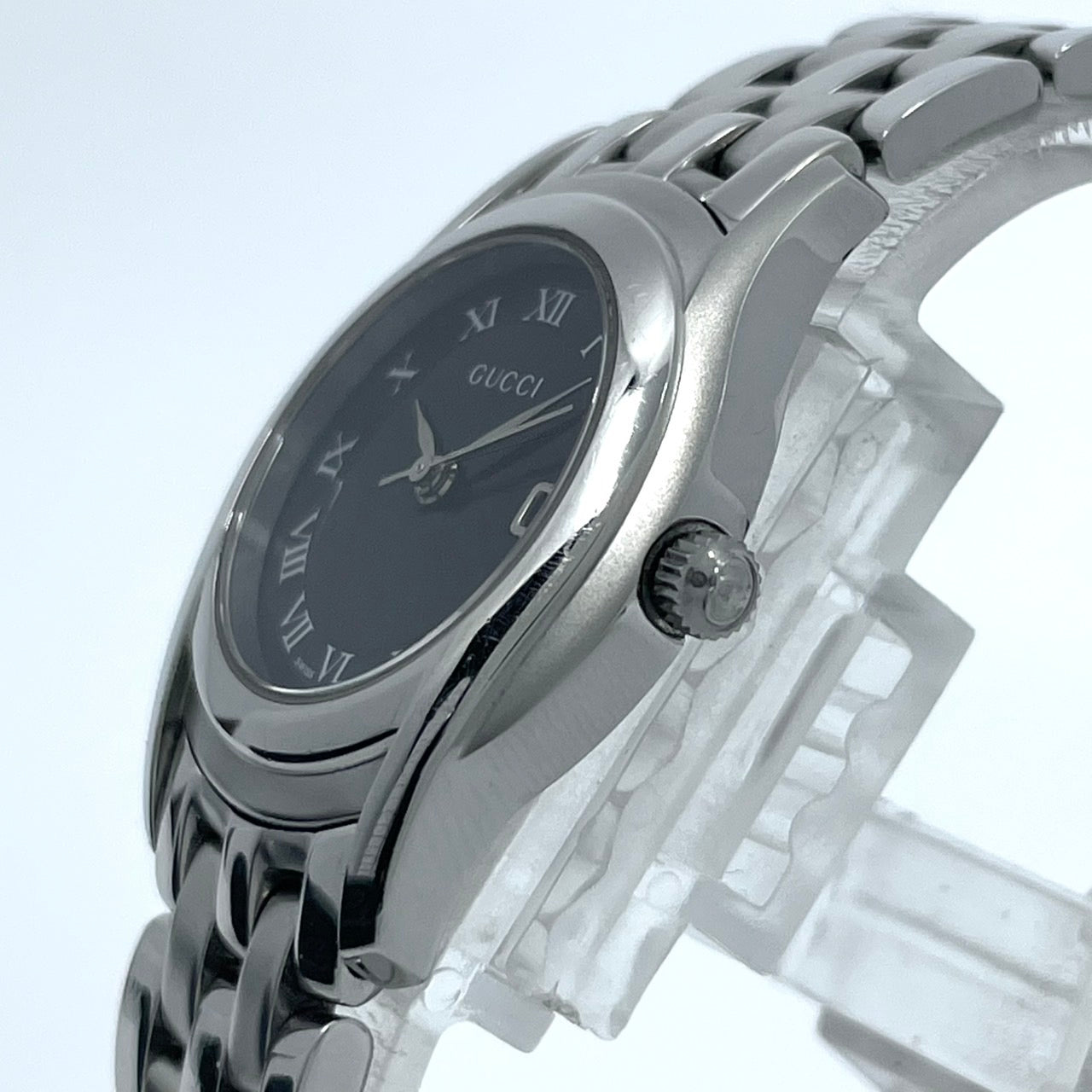 【電池交換済】GUCCI グッチ 5500L レディース腕時計 ブラック文字盤 デイト クオーツ ラウンド ローマンインデックス アナログ ドレスウォッチ エレガント クラシックデザイン ステンレス クリーニング済み G