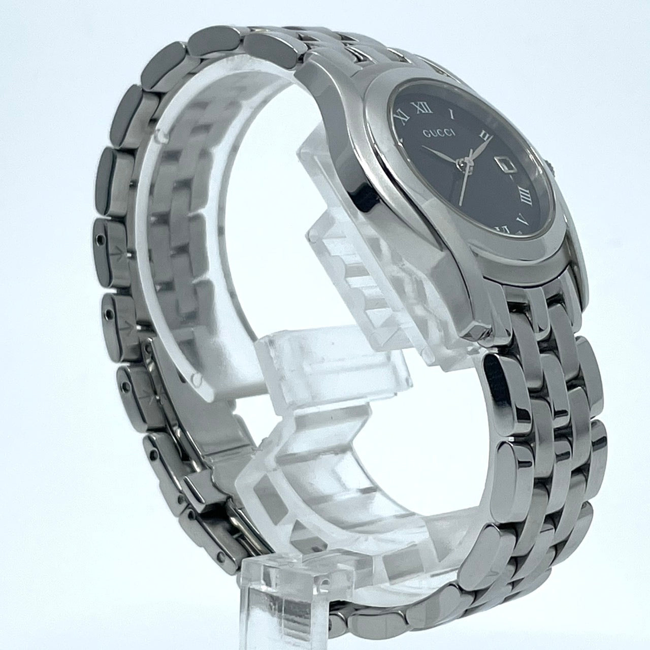 【電池交換済】GUCCI グッチ 5500L レディース腕時計 ブラック文字盤 デイト クオーツ ラウンド ローマンインデックス アナログ ドレスウォッチ エレガント クラシックデザイン ステンレス クリーニング済み G