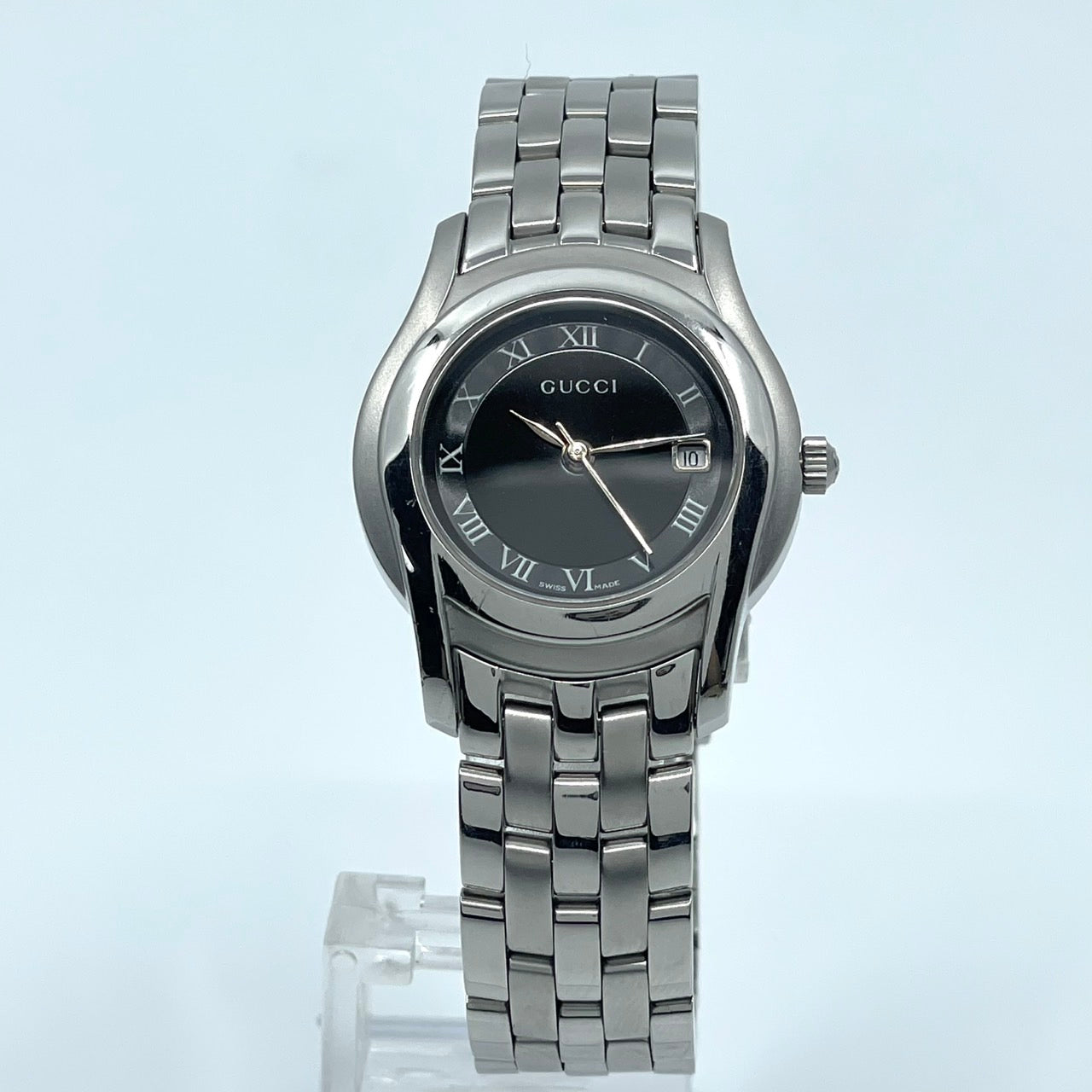 【電池交換済】GUCCI グッチ 5500L レディース腕時計 ブラック文字盤 デイト クオーツ ラウンド ローマンインデックス アナログ ドレスウォッチ エレガント クラシックデザイン ステンレス クリーニング済み G