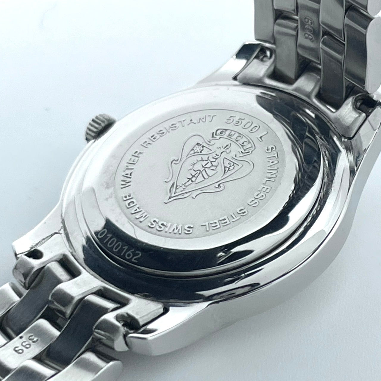 【電池交換済】GUCCI グッチ 5500L レディース腕時計 ブラック文字盤 デイト クオーツ ラウンド ローマンインデックス アナログ ドレスウォッチ エレガント クラシックデザイン ステンレス クリーニング済み G