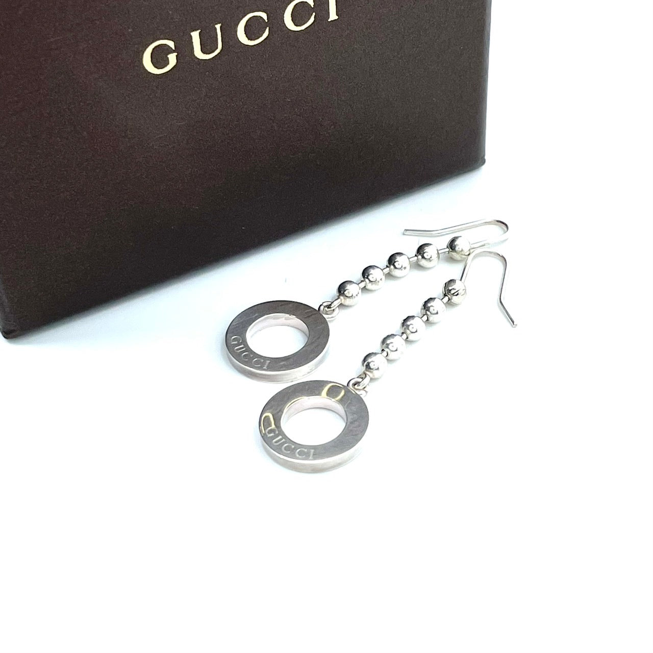 極美品 GUCCI グッチ ピアス ロゴ サークル ボールチェーン シルバー SV925 フック アクセサリー ジュエリー 箱付き レディース I3