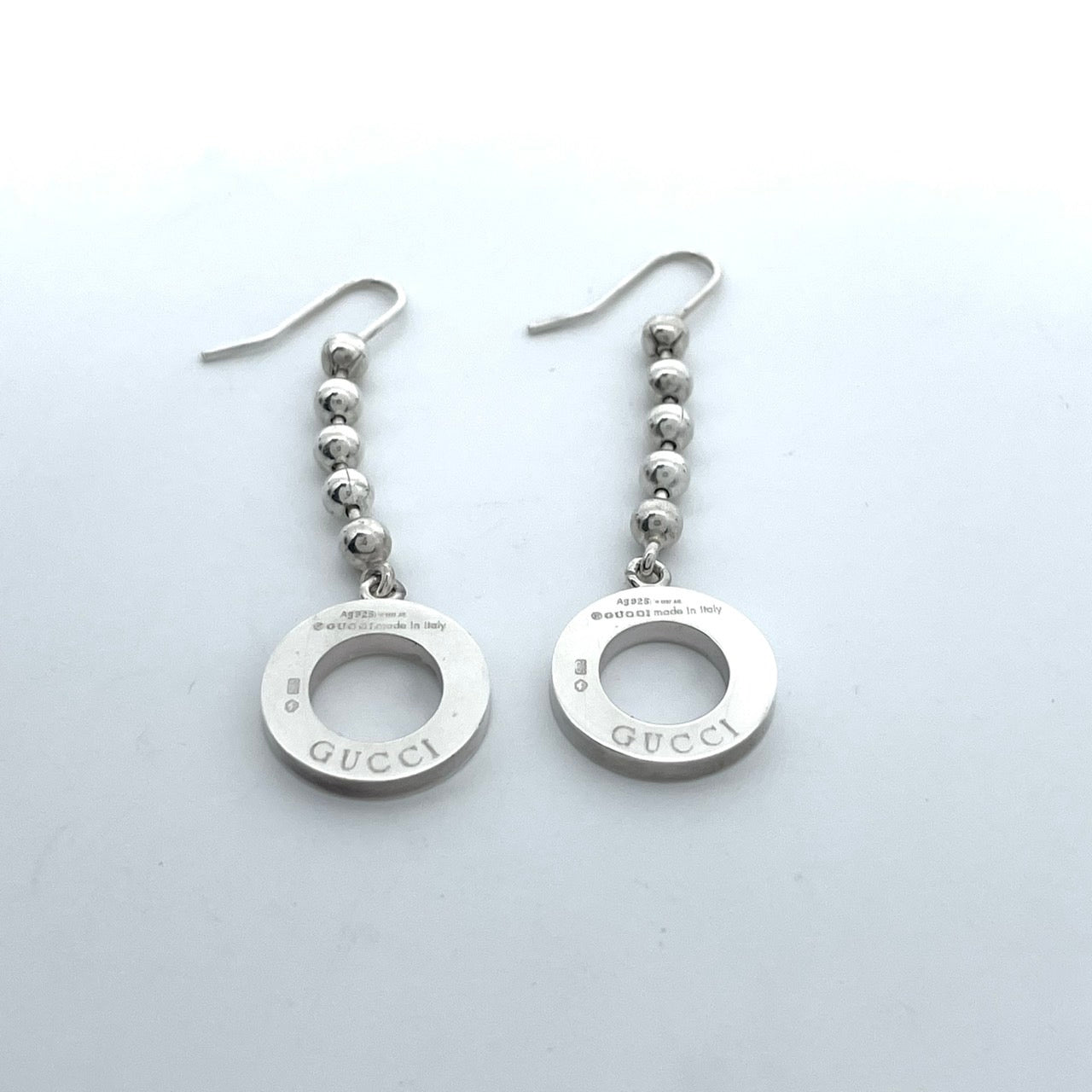 極美品 GUCCI グッチ ピアス ロゴ サークル ボールチェーン シルバー SV925 フック アクセサリー ジュエリー 箱付き レディース I3