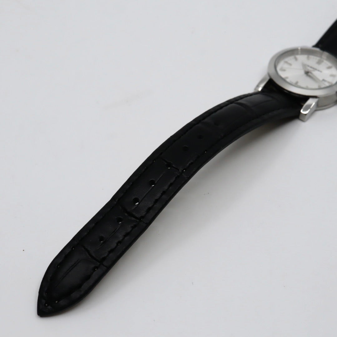 【電池交換済】BURBERRY バーバリー 腕時計 BU1351 レディース クオーツ アナログ ラウンド シルバー文字盤 チェック柄 デイト表示 スイス製 ブラックレザーベルト クラシック エレガント ビジネス ドレスウォッチ クリーニング済 G