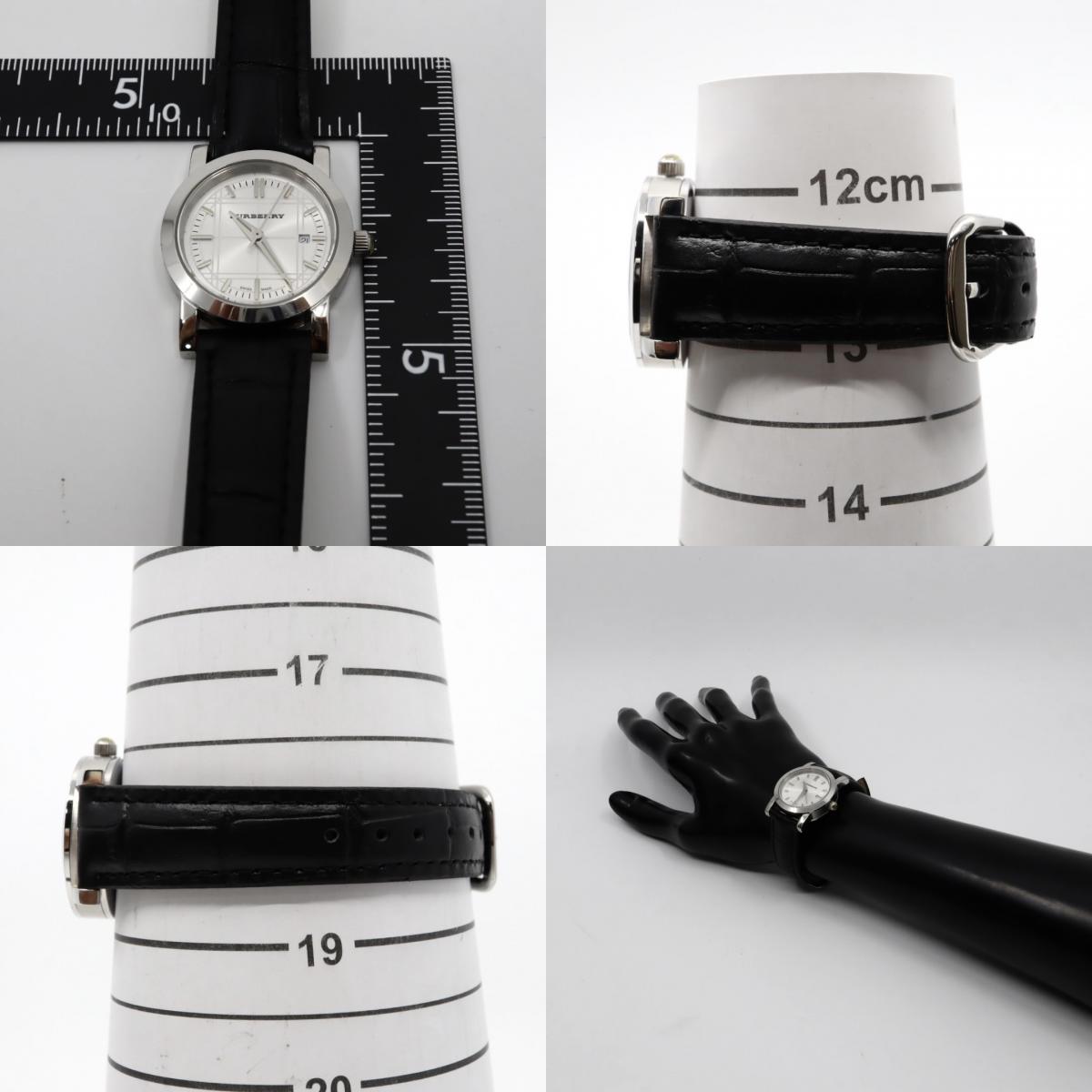 【電池交換済】BURBERRY バーバリー 腕時計 BU1351 レディース クオーツ アナログ ラウンド シルバー文字盤 チェック柄 デイト表示 スイス製 ブラックレザーベルト クラシック エレガント ビジネス ドレスウォッチ クリーニング済 G