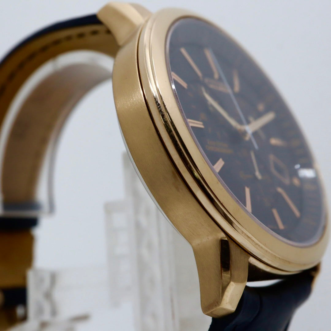 【新品同様/稼働品】CITIZEN シチズン 腕時計 エコドライブ クロノグラフ GN-4W-S メンズ アナログ ラウンド ゴールド ブラック文字盤 レザーベルト ソーラー充電 デイト表示 日本製 エレガント ビジネスウォッチ 高級感 クリーニング済み G