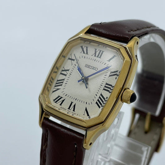 【電池交換済/美品】SEIKO セイコー Shinzone シンゾーン 腕時計 7N01-HAD0 レディース クオーツ アナログ スクエア ゴールド アイボリー文字盤 ブラウンレザーベルト エレガント ビンテージ ドレスウォッチ 日本製 G5