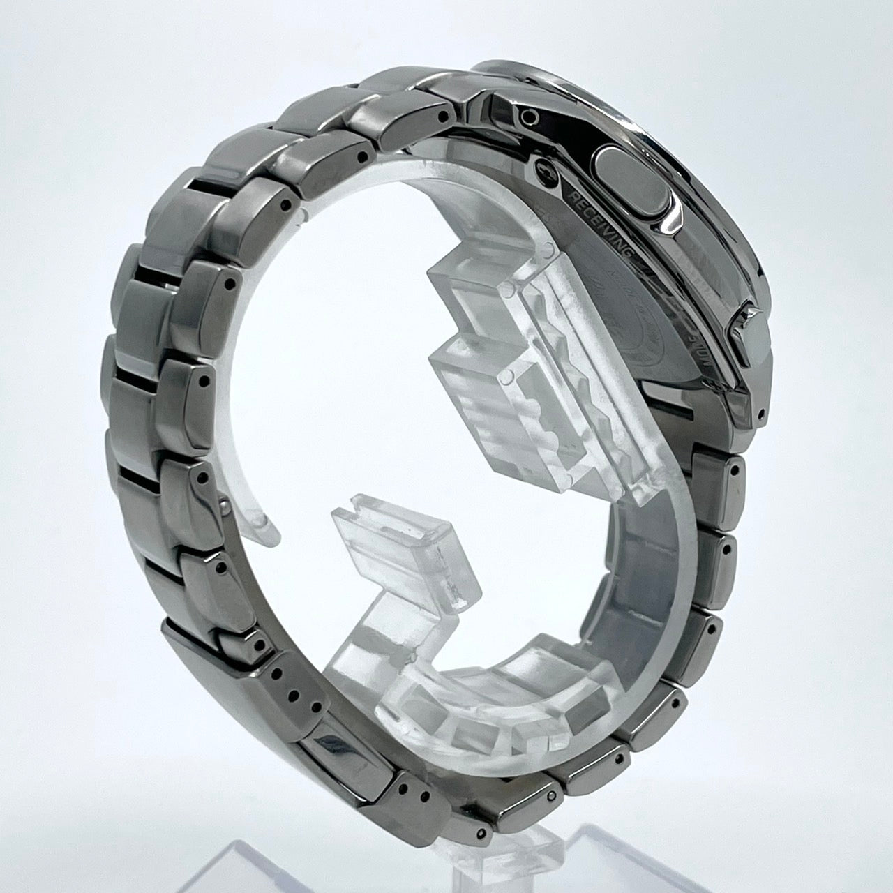 【稼働品／美品】カシオ オシアナス 腕時計 OCW-T100 メンズ 電波ソーラー チタンモデル タフソーラー MULTI BAND 6 アナログ デイト カレンダー シルバー ネイビー文字盤 ブルーベゼル ビジネス 高機能 箱付き クリーニング済み G