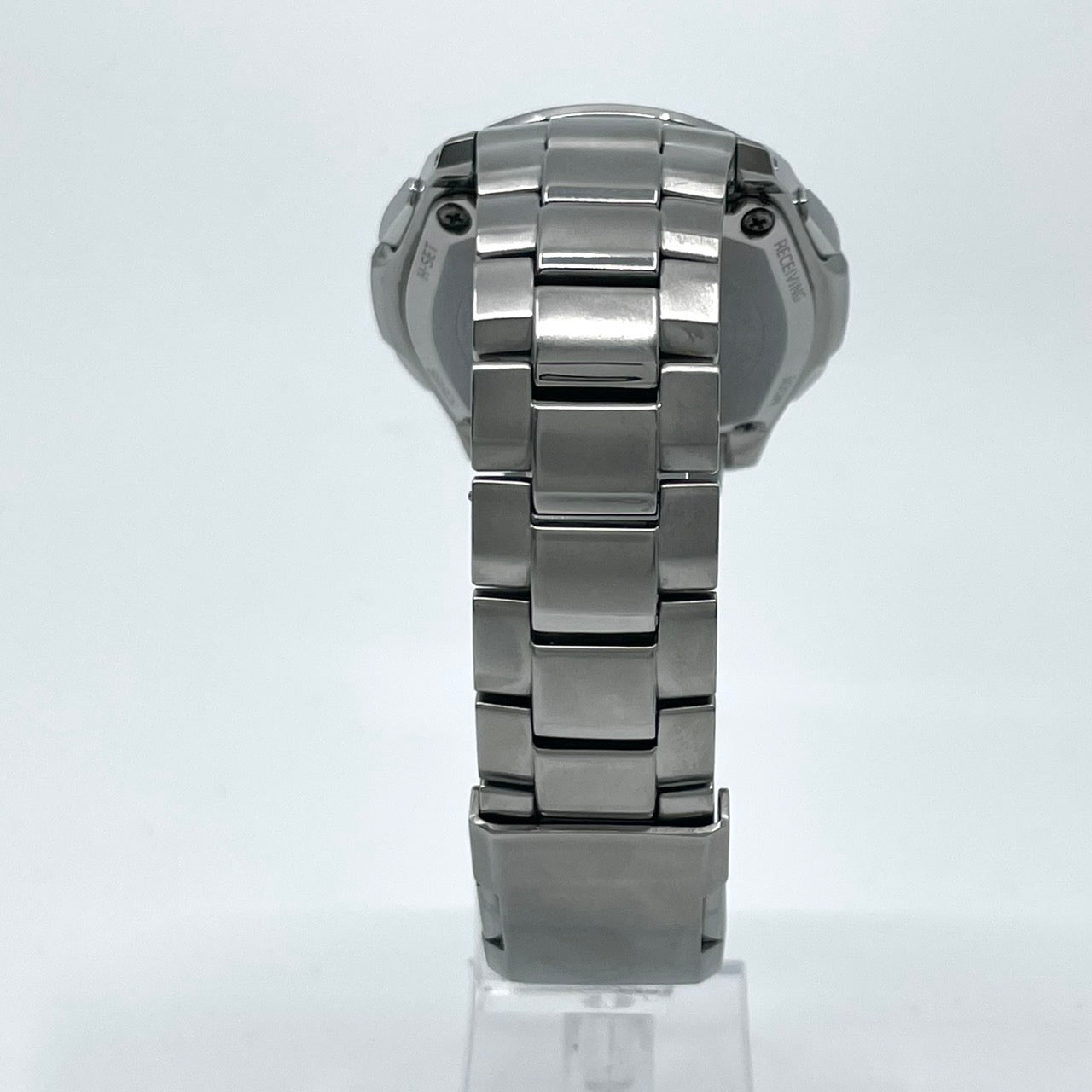 【稼働品／美品】カシオ オシアナス 腕時計 OCW-T100 メンズ 電波ソーラー チタンモデル タフソーラー MULTI BAND 6 アナログ デイト カレンダー シルバー ネイビー文字盤 ブルーベゼル ビジネス 高機能 箱付き クリーニング済み G