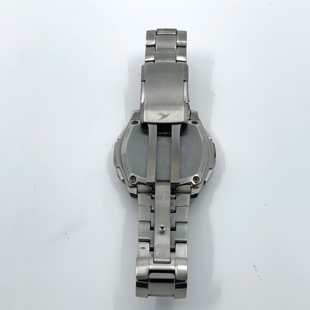 【稼働品／美品】カシオ オシアナス 腕時計 OCW-T100 メンズ 電波ソーラー チタンモデル タフソーラー MULTI BAND 6 アナログ デイト カレンダー シルバー ネイビー文字盤 ブルーベゼル ビジネス 高機能 箱付き クリーニング済み G