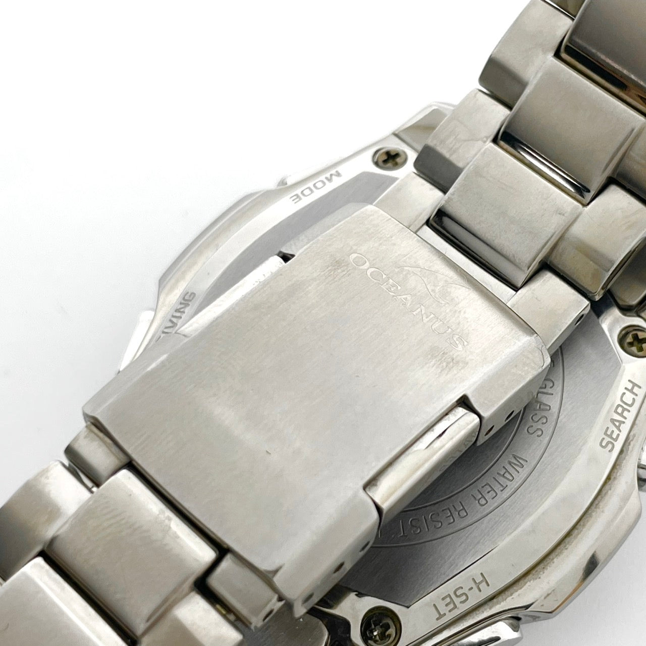 【稼働品／美品】カシオ オシアナス 腕時計 OCW-T100 メンズ 電波ソーラー チタンモデル タフソーラー MULTI BAND 6 アナログ デイト カレンダー シルバー ネイビー文字盤 ブルーベゼル ビジネス 高機能 箱付き クリーニング済み G