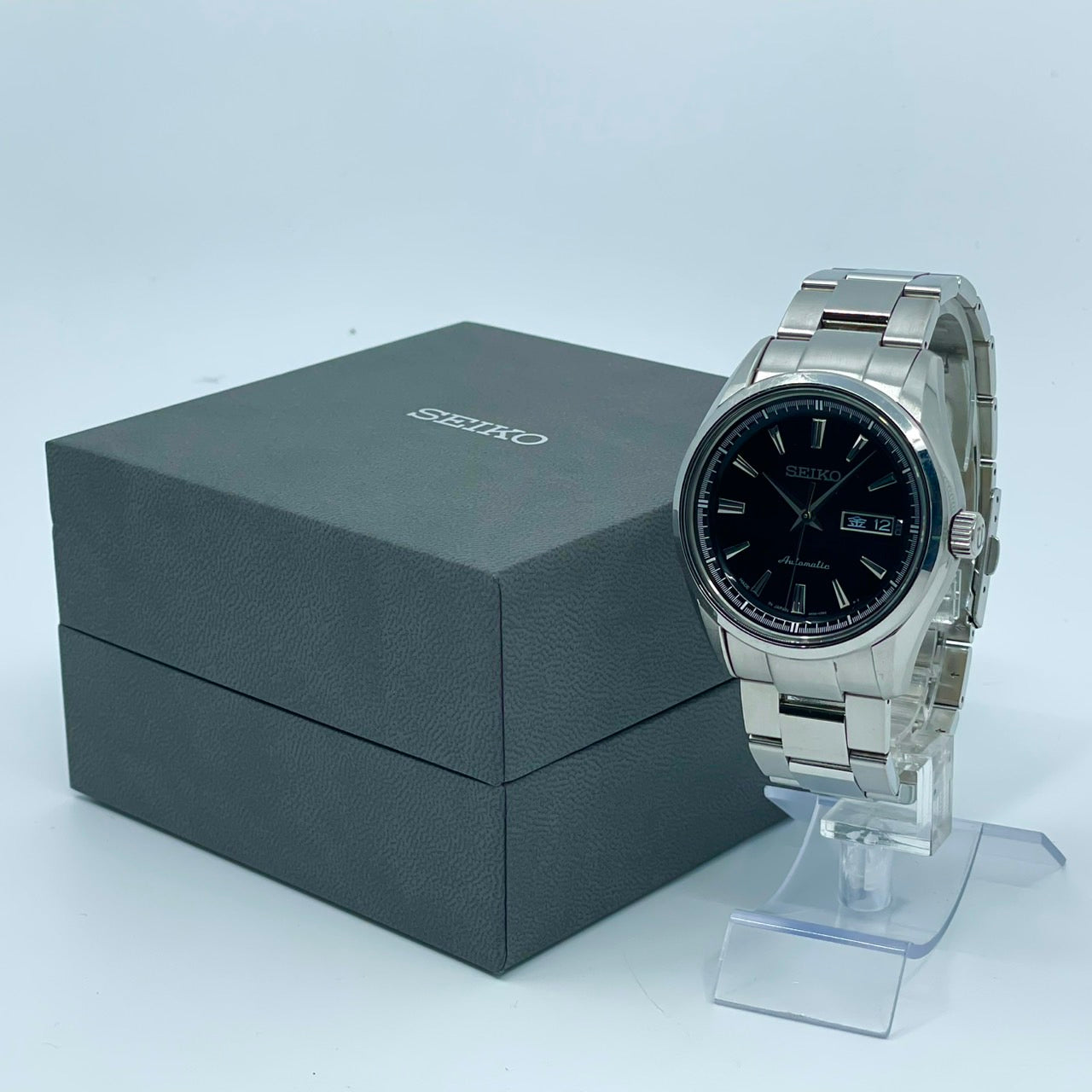 極美品 SEIKO セイコー プレサージュ SARY057 4R36-03H0 メンズ 自動巻き 腕時計 ブラック文字盤 デイデイト カレンダー 裏スケ サファイアクリスタル ステンレス シルバー 極美品 G