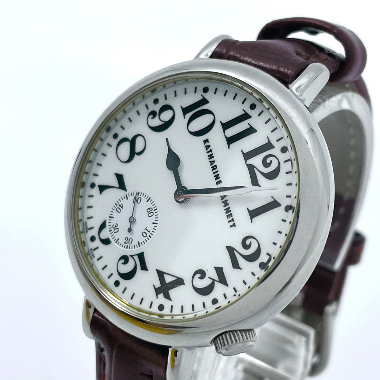 【電池交換済／新品ベルト(社外品)】キャサリンハムネット 腕時計 KH-7096 ユニセックス クオーツ アナログ スモールセコンド 白文字盤 ブラウンレザー クラシック ビンテージデザイン ラウンド ファッションウォッチ クリーニング済み G