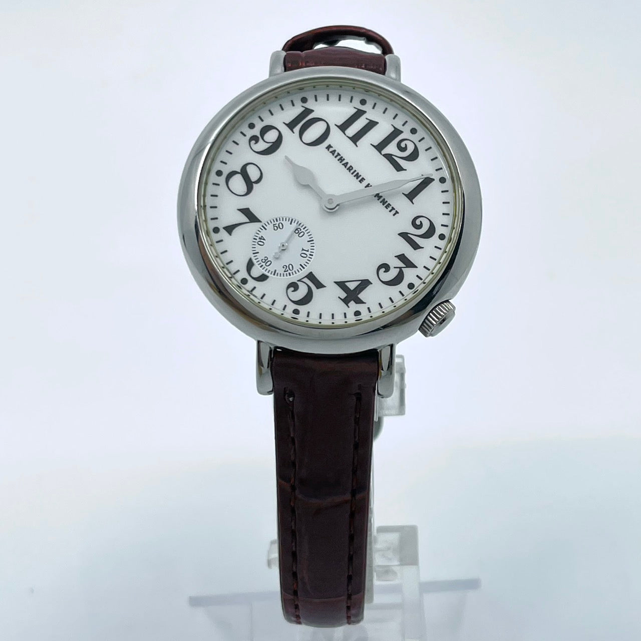 【電池交換済／新品ベルト(社外品)】キャサリンハムネット 腕時計 KH-7096 ユニセックス クオーツ アナログ スモールセコンド 白文字盤 ブラウンレザー クラシック ビンテージデザイン ラウンド ファッションウォッチ クリーニング済み G