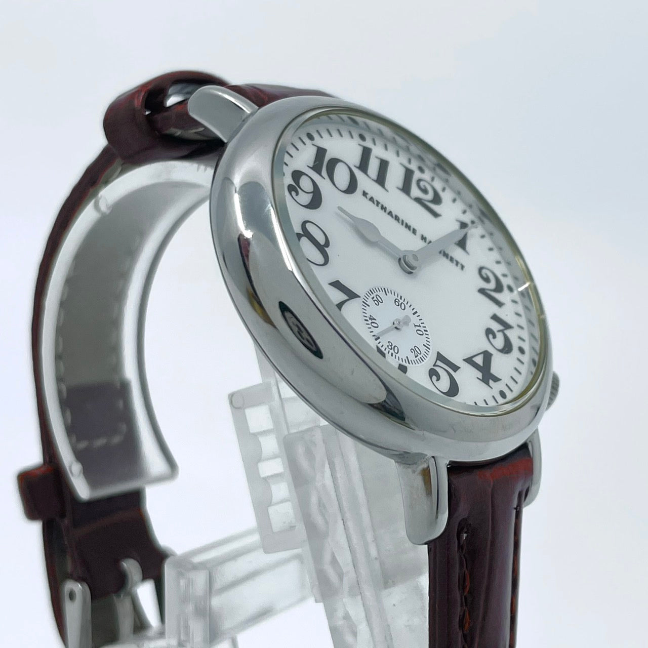 【電池交換済／新品ベルト(社外品)】キャサリンハムネット 腕時計 KH-7096 ユニセックス クオーツ アナログ スモールセコンド 白文字盤 ブラウンレザー クラシック ビンテージデザイン ラウンド ファッションウォッチ クリーニング済み G