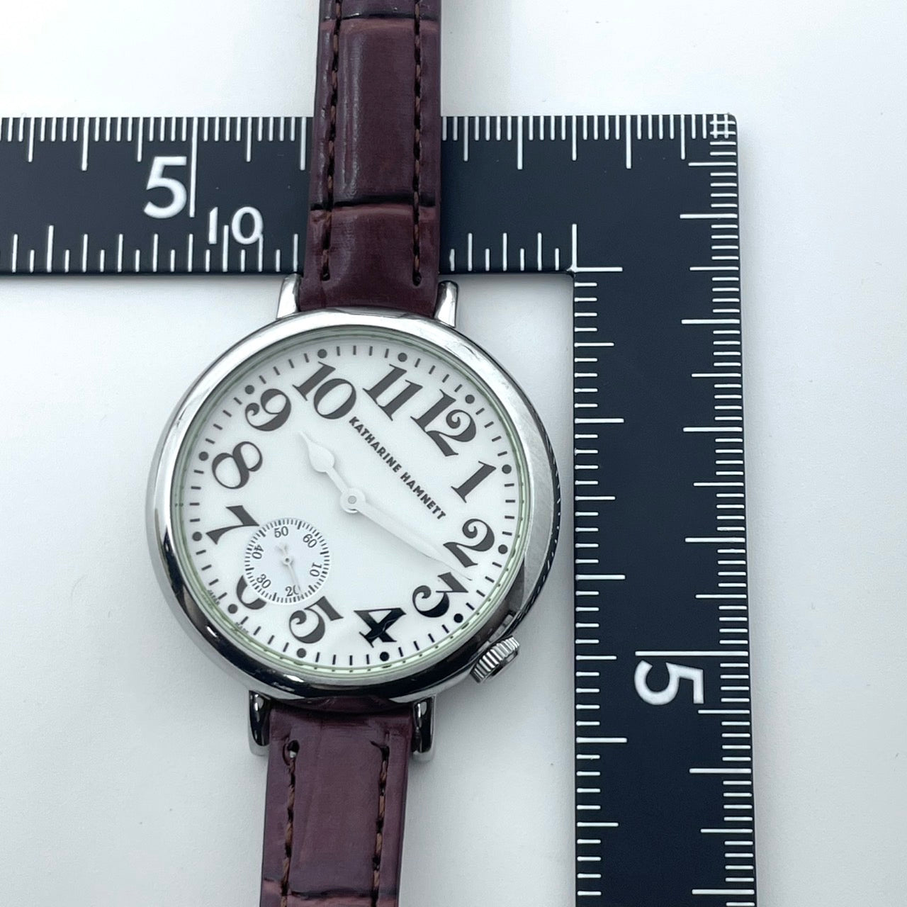 【電池交換済／新品ベルト(社外品)】キャサリンハムネット 腕時計 KH-7096 ユニセックス クオーツ アナログ スモールセコンド 白文字盤 ブラウンレザー クラシック ビンテージデザイン ラウンド ファッションウォッチ クリーニング済み G