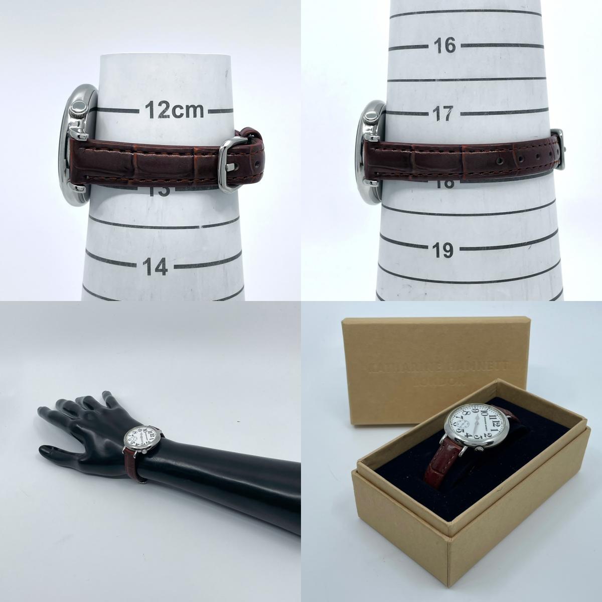 【電池交換済／新品ベルト(社外品)】キャサリンハムネット 腕時計 KH-7096 ユニセックス クオーツ アナログ スモールセコンド 白文字盤 ブラウンレザー クラシック ビンテージデザイン ラウンド ファッションウォッチ クリーニング済み G