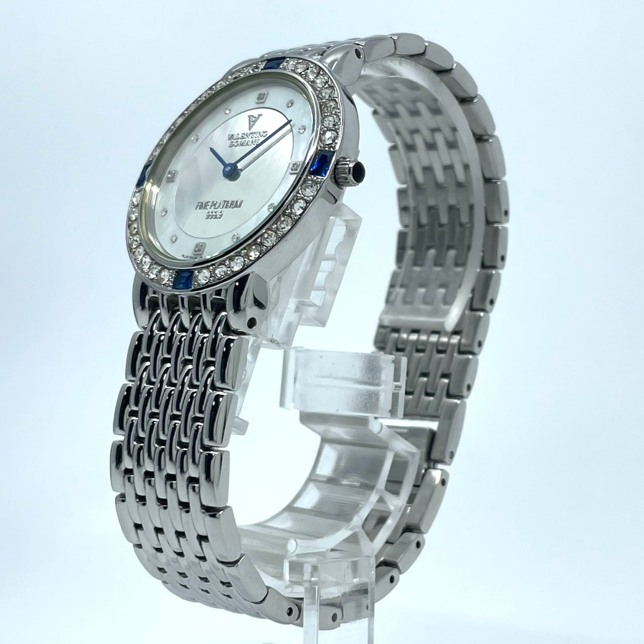 【電池交換済】ヴァレンティノ ドマーニ 腕時計 VD-2038 レディース クオーツ FINE PLATINUM 999.9 プラチナメッキ ラインストーンベゼル サファイア シェル文字盤 ドレスウォッチ エレガント ラグジュアリー クリーニング済み G
