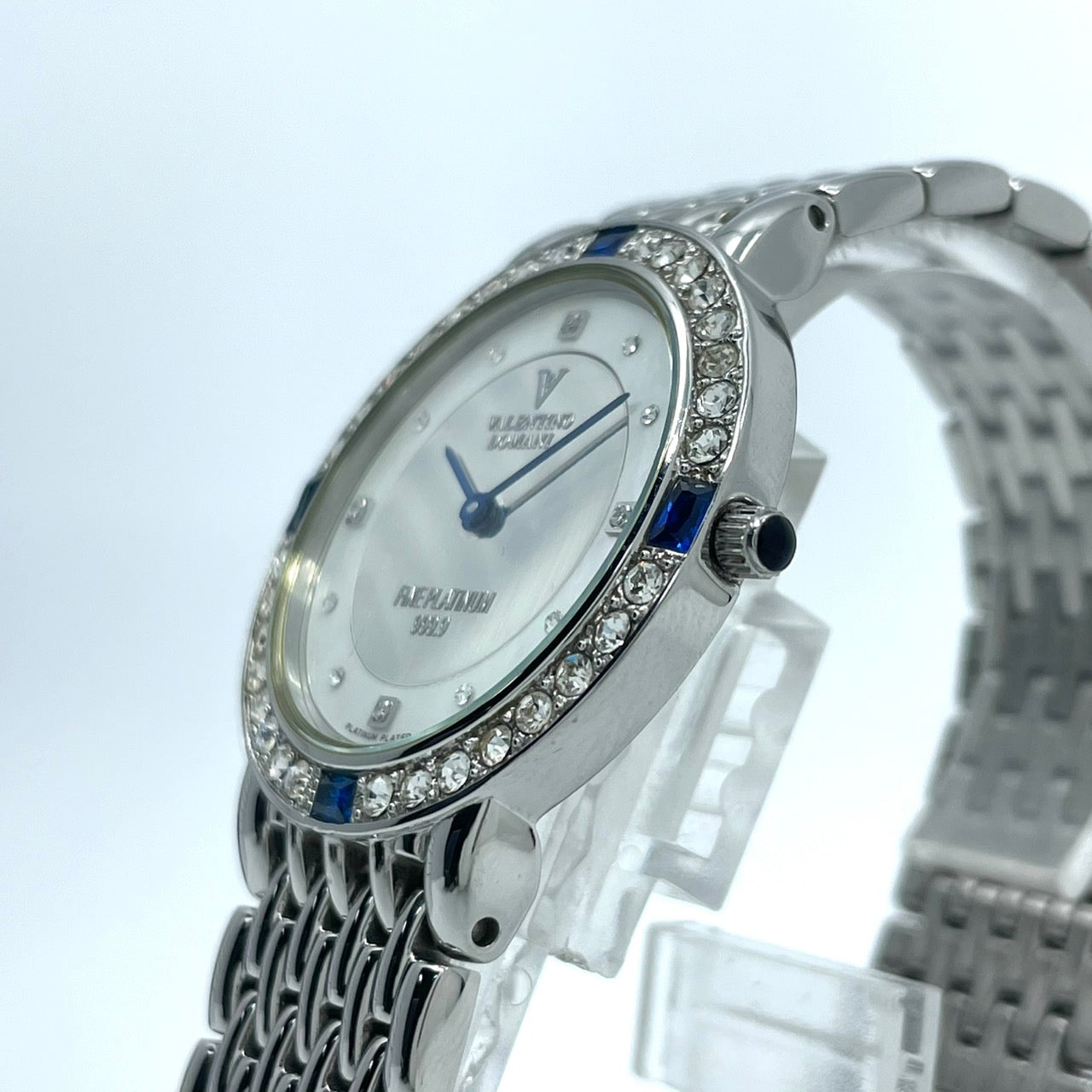 【電池交換済】ヴァレンティノ ドマーニ 腕時計 VD-2038 レディース クオーツ FINE PLATINUM 999.9 プラチナメッキ ラインストーンベゼル サファイア シェル文字盤 ドレスウォッチ エレガント ラグジュアリー クリーニング済み G