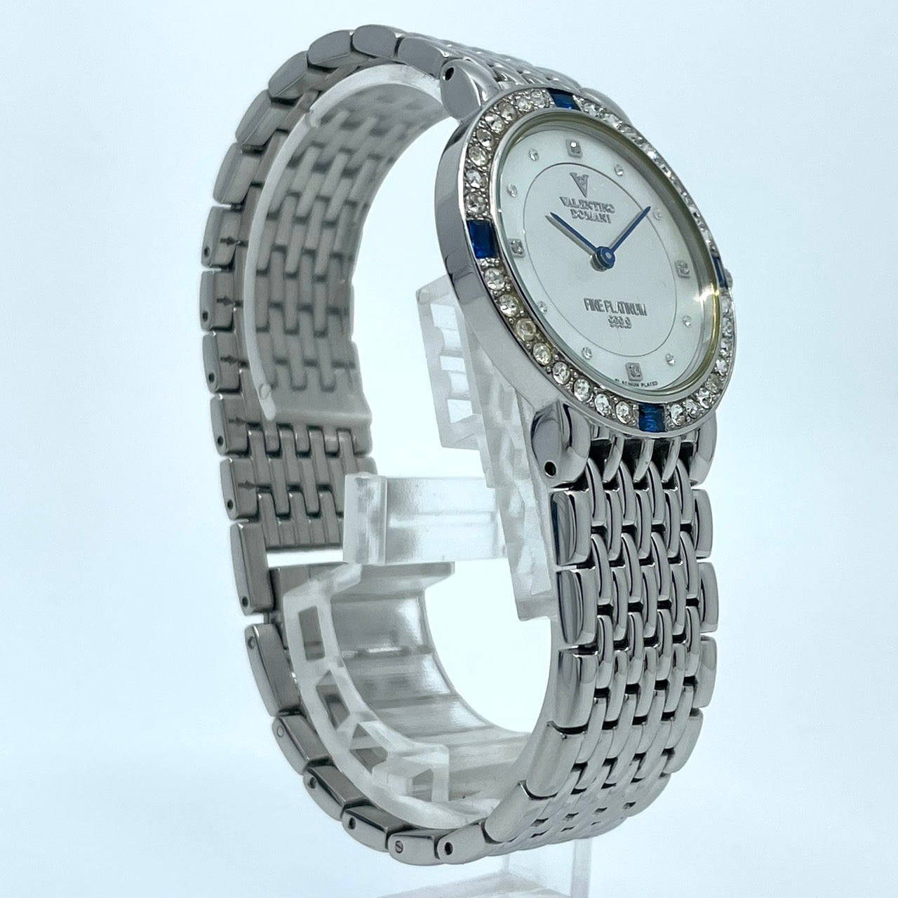 【電池交換済】ヴァレンティノ ドマーニ 腕時計 VD-2038 レディース クオーツ FINE PLATINUM 999.9 プラチナメッキ ラインストーンベゼル サファイア シェル文字盤 ドレスウォッチ エレガント ラグジュアリー クリーニング済み G