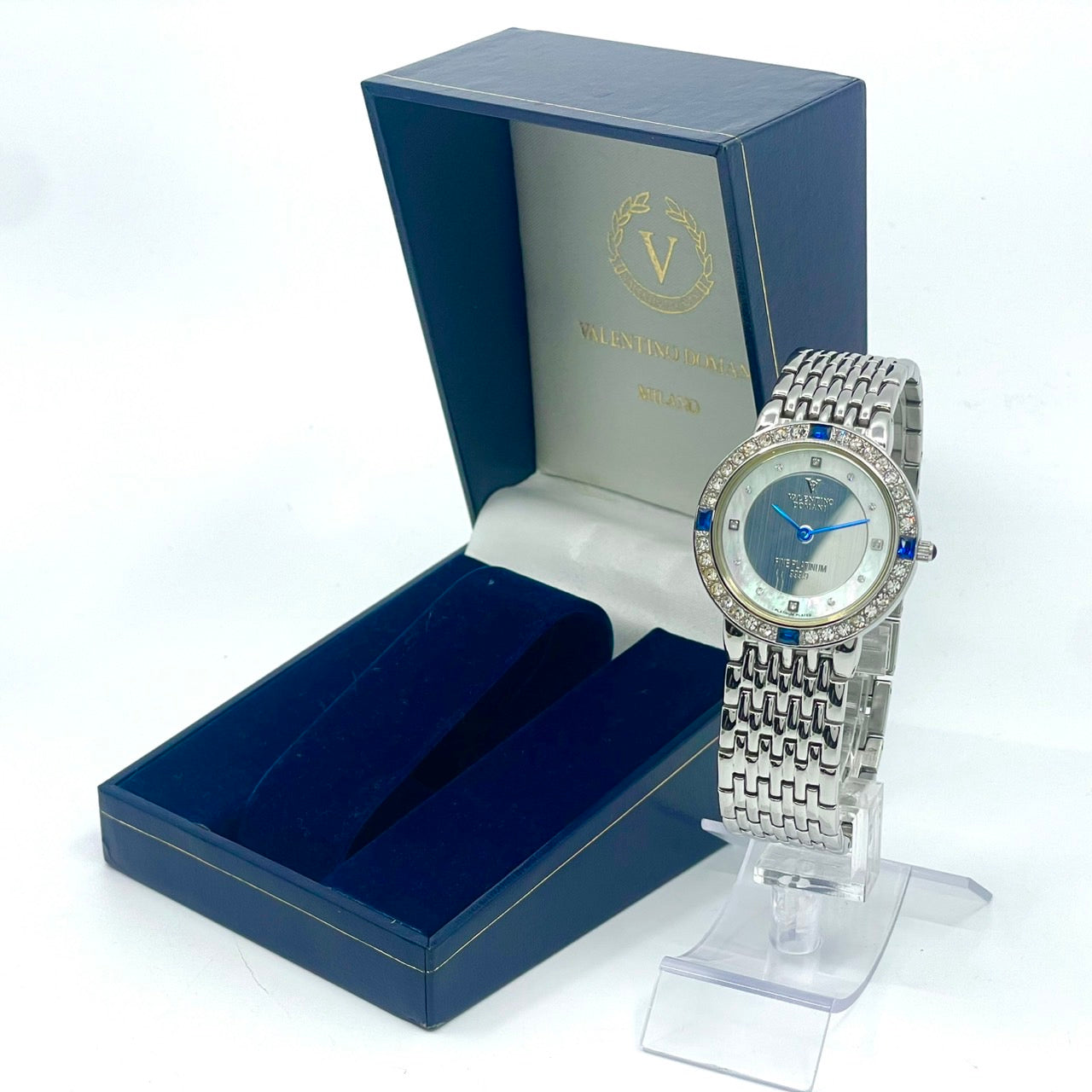 【電池交換済】ヴァレンティノ ドマーニ 腕時計 VD-2038 レディース クオーツ FINE PLATINUM 999.9 プラチナメッキ ラインストーンベゼル サファイア シェル文字盤 ドレスウォッチ エレガント ラグジュアリー クリーニング済み G
