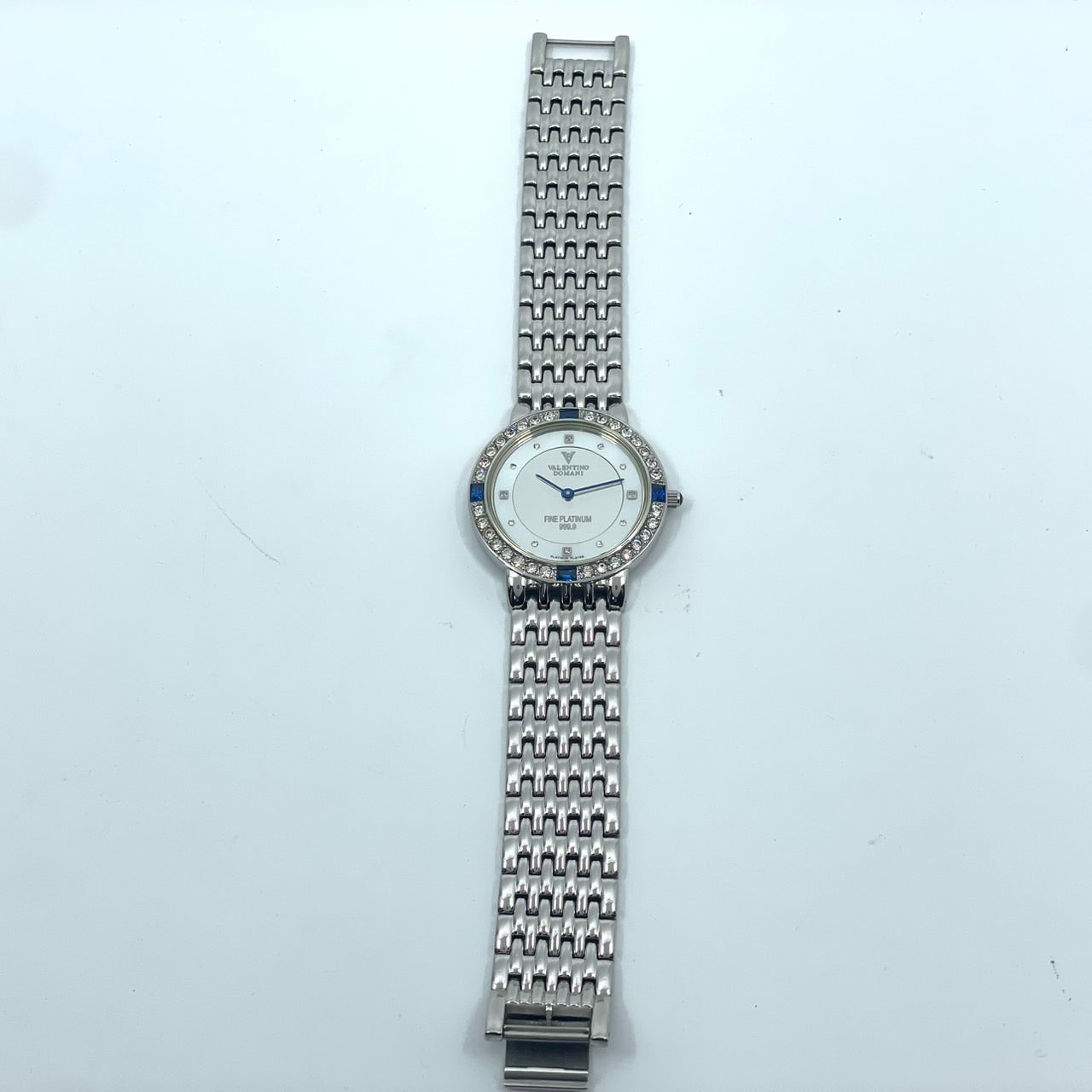 【電池交換済】ヴァレンティノ ドマーニ 腕時計 VD-2038 レディース クオーツ FINE PLATINUM 999.9 プラチナメッキ ラインストーンベゼル サファイア シェル文字盤 ドレスウォッチ エレガント ラグジュアリー クリーニング済み G