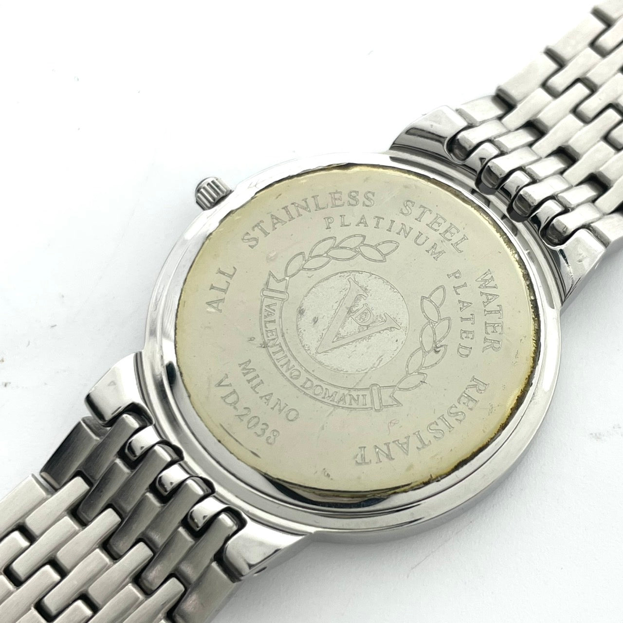 【電池交換済】ヴァレンティノ ドマーニ 腕時計 VD-2038 レディース クオーツ FINE PLATINUM 999.9 プラチナメッキ ラインストーンベゼル サファイア シェル文字盤 ドレスウォッチ エレガント ラグジュアリー クリーニング済み G