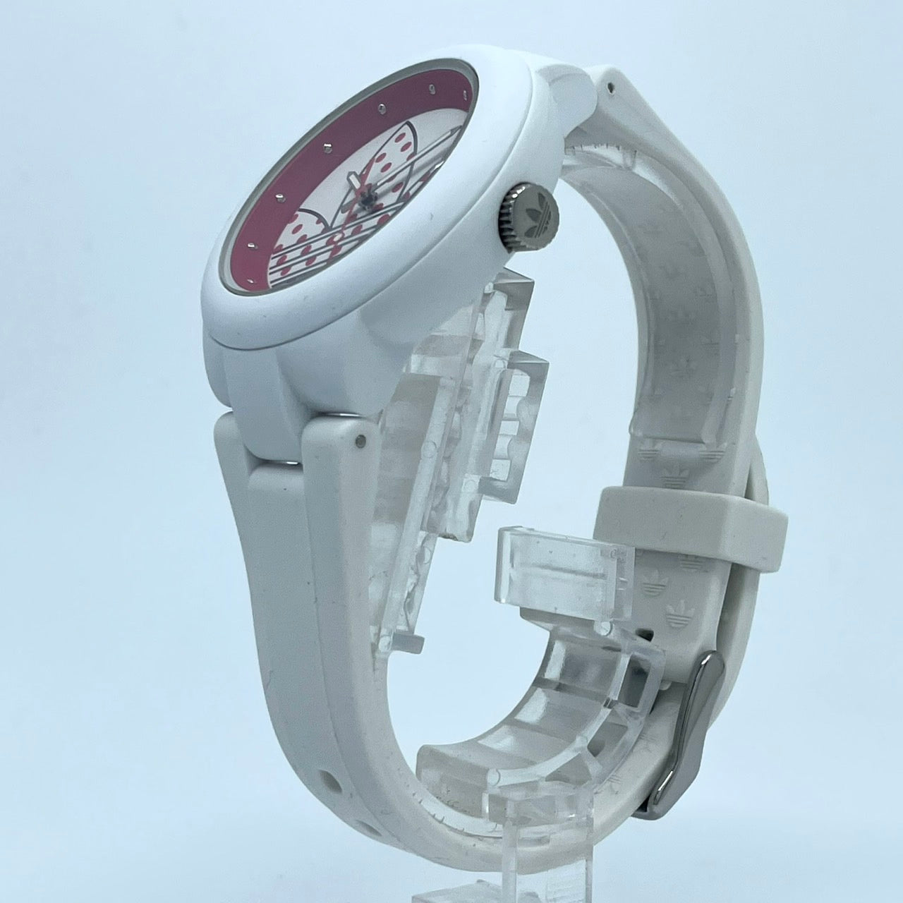 【電池交換済】アディダス 腕時計 ADH3051 ユニセックス クオーツ アナログ ラウンド ホワイト レッド ドット柄 ポップ トレフォイル ビッグロゴ ストリート カジュアル ファッションウォッチ スポーツウォッチ クリーニング済み G