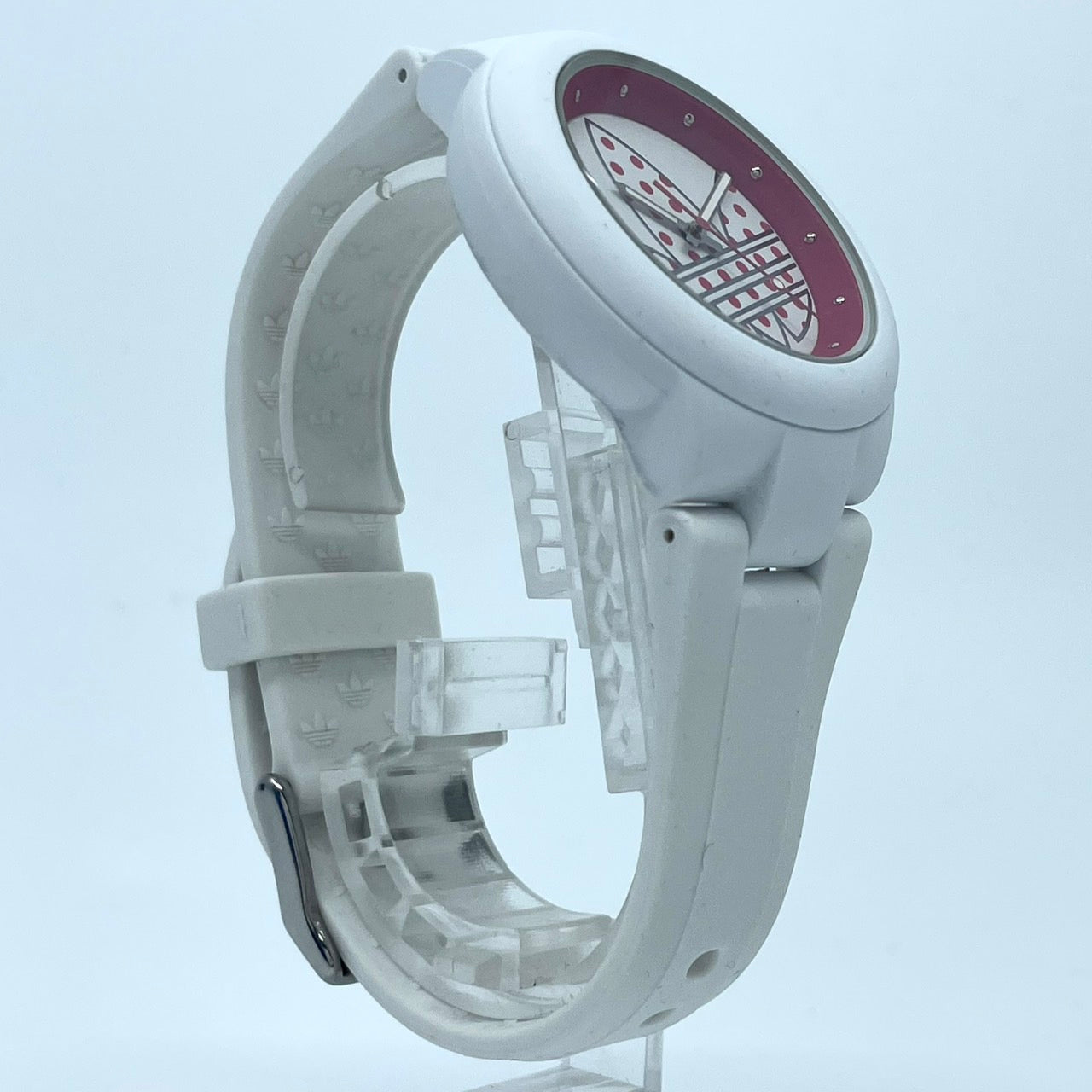 【電池交換済】アディダス 腕時計 ADH3051 ユニセックス クオーツ アナログ ラウンド ホワイト レッド ドット柄 ポップ トレフォイル ビッグロゴ ストリート カジュアル ファッションウォッチ スポーツウォッチ クリーニング済み G