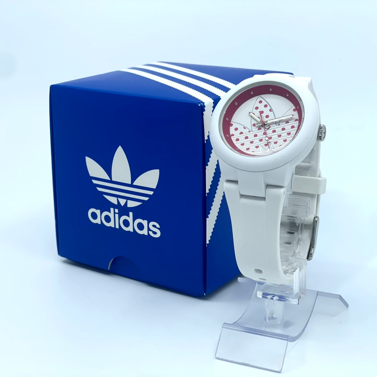 【電池交換済】アディダス 腕時計 ADH3051 ユニセックス クオーツ アナログ ラウンド ホワイト レッド ドット柄 ポップ トレフォイル ビッグロゴ ストリート カジュアル ファッションウォッチ スポーツウォッチ クリーニング済み G