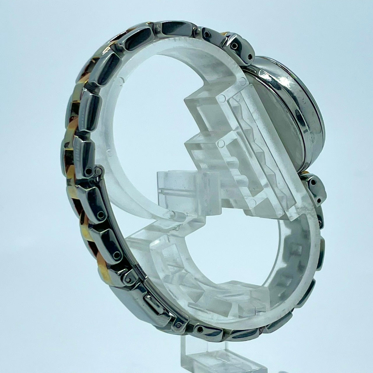 【稼働品／美品】セイコー 腕時計 1B21-0AK0 レディース 電波ソーラー ピンク文字盤 リボン柄 シルバー ゴールド コンビカラー アナログ ラウンド フェミニン エレガント かわいい ビジネス オフィス クリーニング済み G5