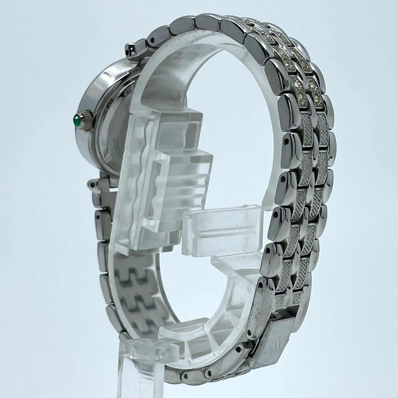 【電池交換済】アイザックヴァレンチノ 腕時計 IVL-9100-3 レディース クオーツ ジュエリーウォッチ プラチナメッキ シェル文字盤 ラインストーンベゼル エメラルド装飾 ドレスウォッチ エレガント ラグジュアリー シルバー クリーニング済み G5