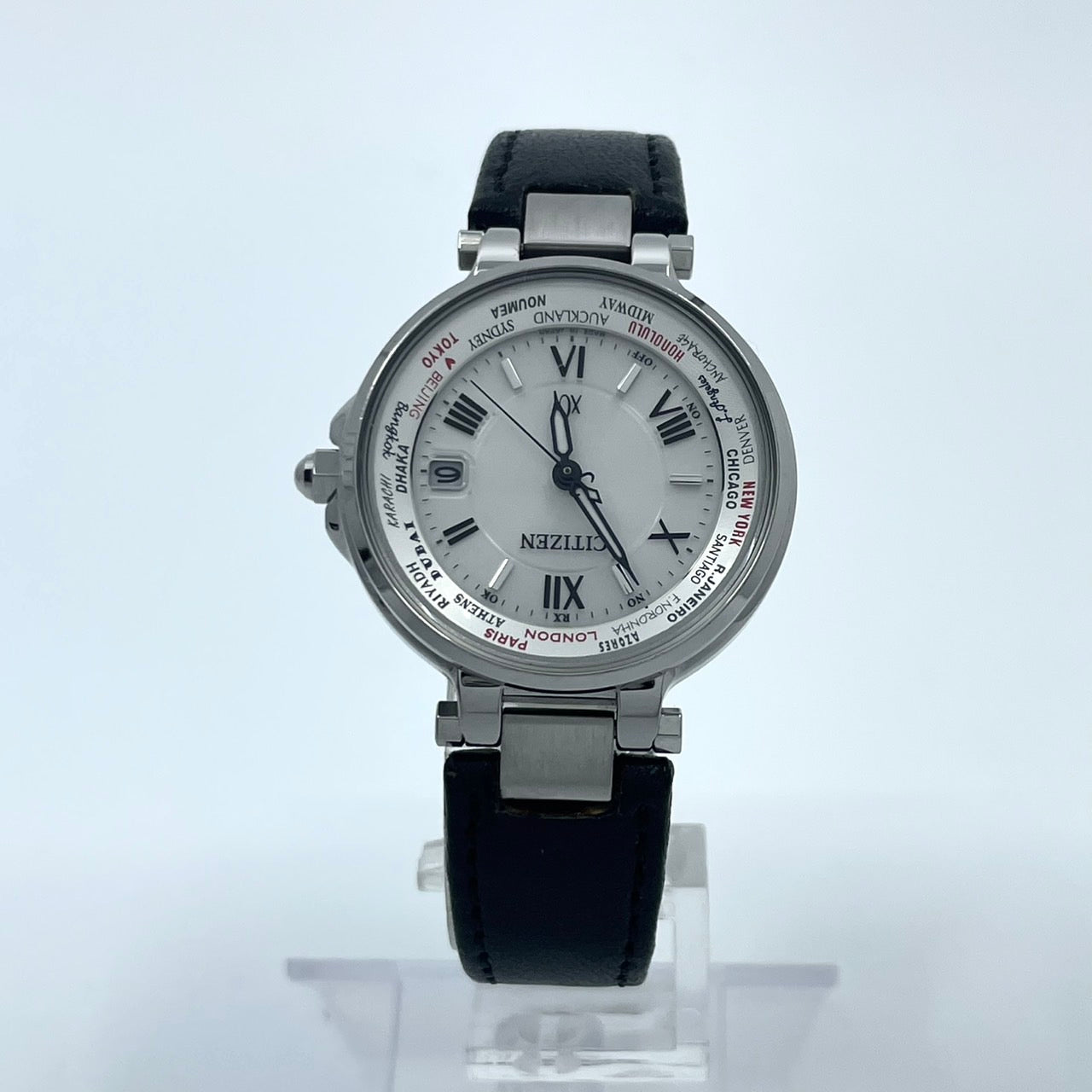 【稼働品】シチズン xC クロスシー 腕時計 GN-4W-S レディース エコドライブ 電波時計 ワールドタイム デイト シルバー 白文字盤 黒レザーベルト ローマ数字 アナログ エレガント ビジネス オフィス クリーニング済み G5