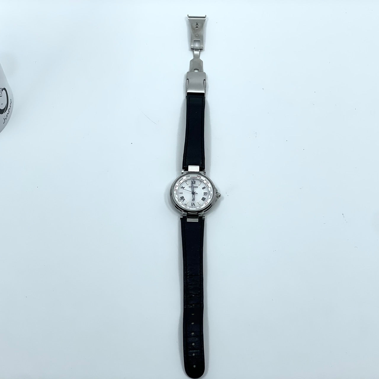 【稼働品】シチズン xC クロスシー 腕時計 GN-4W-S レディース エコドライブ 電波時計 ワールドタイム デイト シルバー 白文字盤 黒レザーベルト ローマ数字 アナログ エレガント ビジネス オフィス クリーニング済み G5