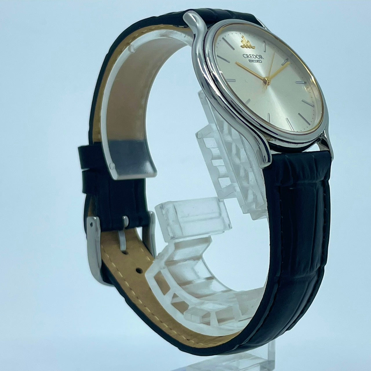 【極美品/電池交換済／新品ベルト交換(社外品)】 SEIKO セイコー CREDOR クレドール 腕時計 8J81-6A30 ユニセックス クオーツ シルバー文字盤 ゴールド針 ブラックレザー 薄型 ドレスウォッチ エレガント クラシック 高級時計 クリーニング済 G5