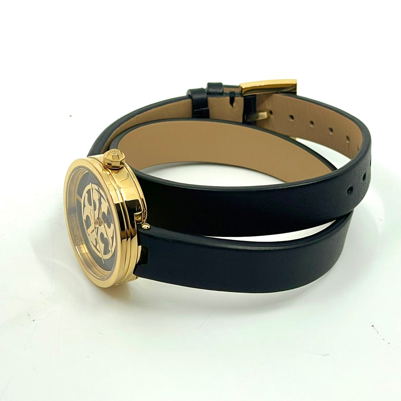 【電池交換/箱付き／未使用級】 TORY BURCH トリーバーチ 腕時計 TRB4019 レディース クオーツ アイコン ダブルTロゴ ゴールド ネイビー文字盤 ブラックレザーベルト スタイリッシュ エレガント SWISS MADE 人気モデル 箱付き クリーニング済み G 美品