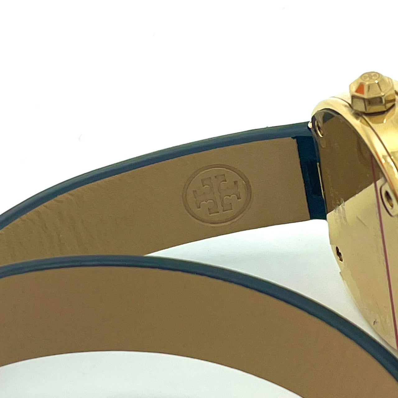 【電池交換/箱付き／未使用級】 TORY BURCH トリーバーチ 腕時計 TRB4019 レディース クオーツ アイコン ダブルTロゴ ゴールド ネイビー文字盤 ブラックレザーベルト スタイリッシュ エレガント SWISS MADE 人気モデル 箱付き クリーニング済み G 美品