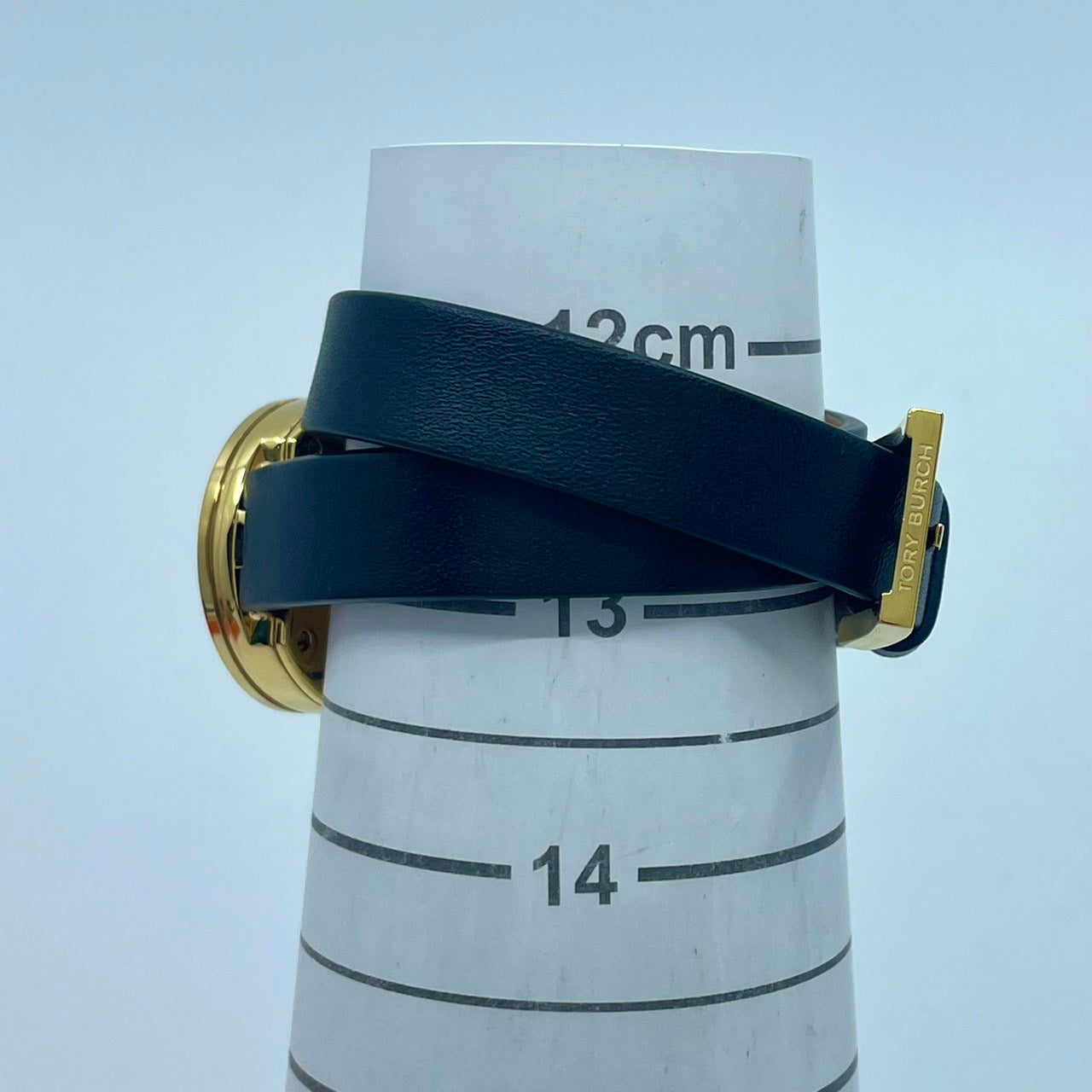 【電池交換/箱付き／未使用級】 TORY BURCH トリーバーチ 腕時計 TRB4019 レディース クオーツ アイコン ダブルTロゴ ゴールド ネイビー文字盤 ブラックレザーベルト スタイリッシュ エレガント SWISS MADE 人気モデル 箱付き クリーニング済み G 美品