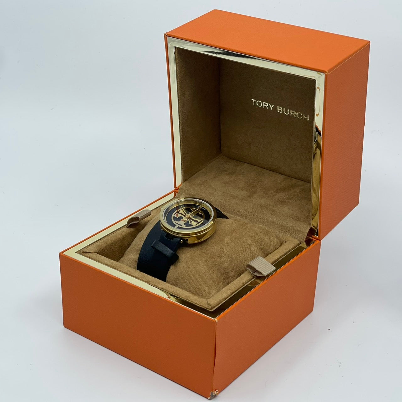 【電池交換/箱付き／未使用級】 TORY BURCH トリーバーチ 腕時計 TRB4019 レディース クオーツ アイコン ダブルTロゴ ゴールド ネイビー文字盤 ブラックレザーベルト スタイリッシュ エレガント SWISS MADE 人気モデル 箱付き クリーニング済み G 美品