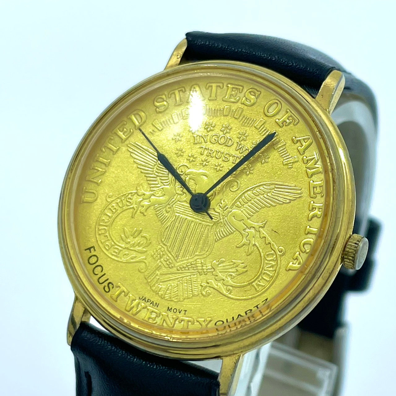 腕時計 メンズ クオーツ コインウォッチ ゴールド文字盤 ブラックレザーベルト アナログ ラウンド アメリカンイーグルデザイン ビンテージ風 ファッションウォッチ 電池交換済 新品ベルト(社外品) クリーニング済 G2