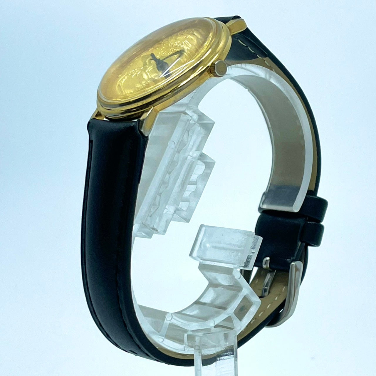 腕時計 メンズ クオーツ コインウォッチ ゴールド文字盤 ブラックレザーベルト アナログ ラウンド アメリカンイーグルデザイン ビンテージ風 ファッションウォッチ 電池交換済 新品ベルト(社外品) クリーニング済 G2