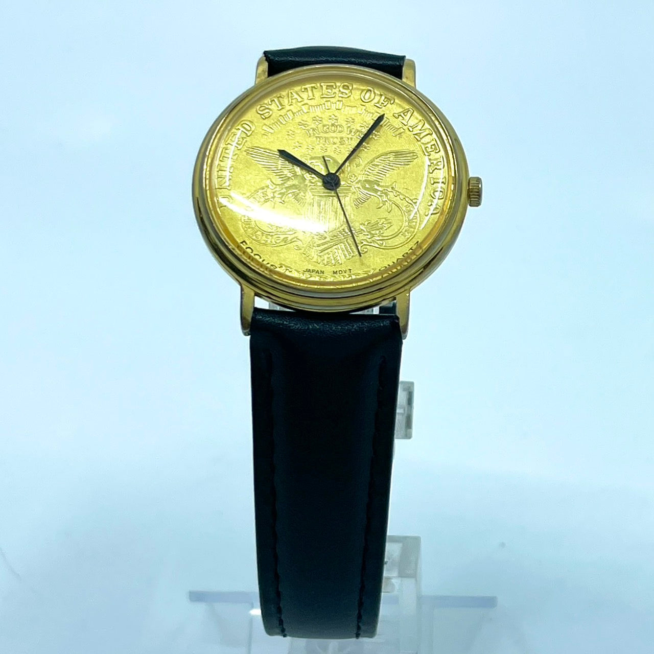 腕時計 メンズ クオーツ コインウォッチ ゴールド文字盤 ブラックレザーベルト アナログ ラウンド アメリカンイーグルデザイン ビンテージ風 ファッションウォッチ 電池交換済 新品ベルト(社外品) クリーニング済 G2