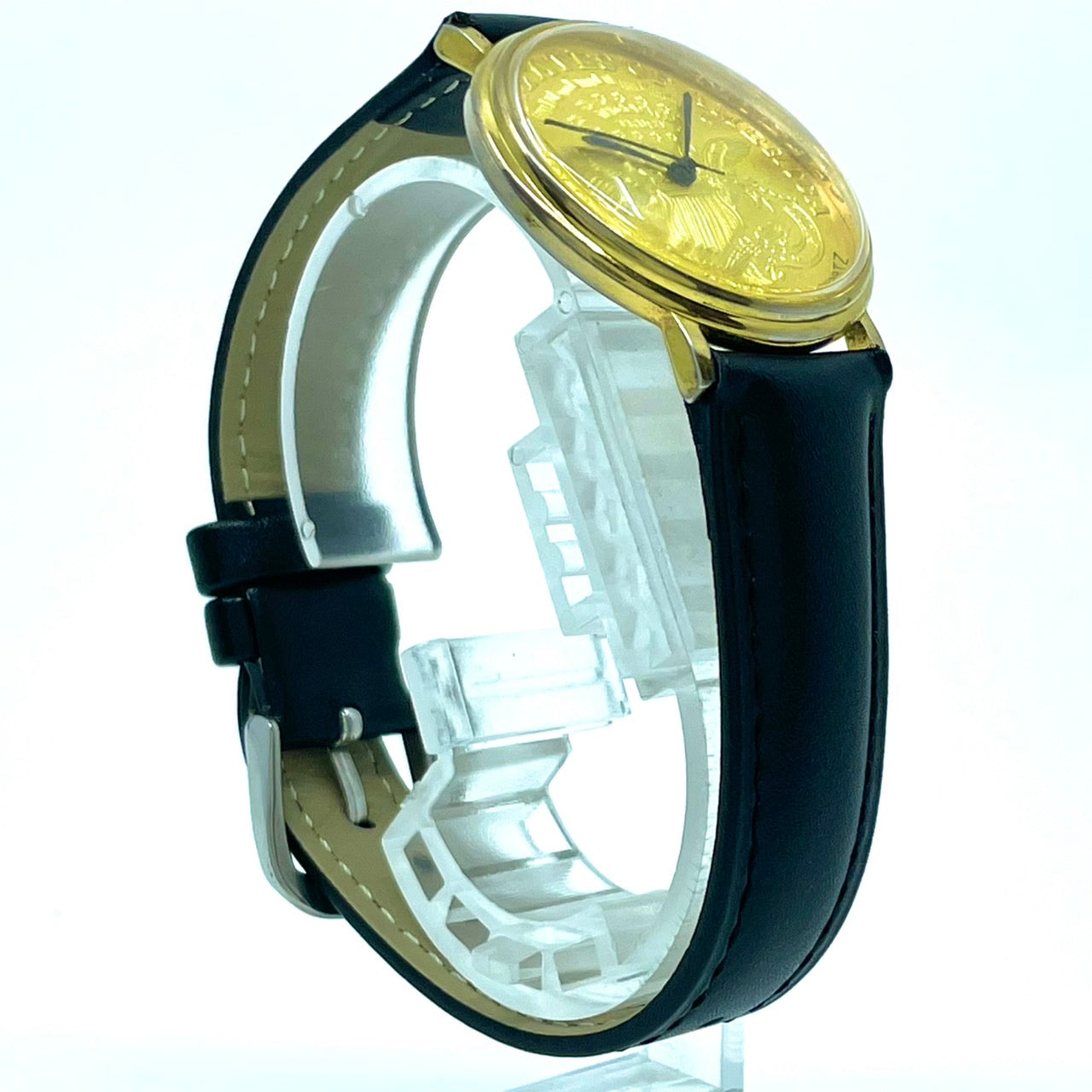 腕時計 メンズ クオーツ コインウォッチ ゴールド文字盤 ブラックレザーベルト アナログ ラウンド アメリカンイーグルデザイン ビンテージ風 ファッションウォッチ 電池交換済 新品ベルト(社外品) クリーニング済 G2