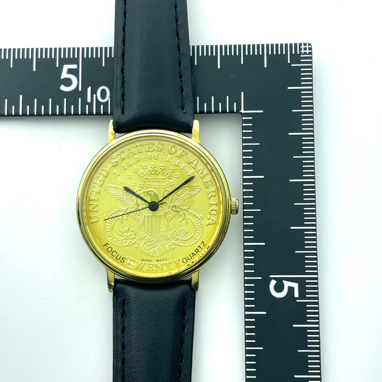 腕時計 メンズ クオーツ コインウォッチ ゴールド文字盤 ブラックレザーベルト アナログ ラウンド アメリカンイーグルデザイン ビンテージ風 ファッションウォッチ 電池交換済 新品ベルト(社外品) クリーニング済 G2