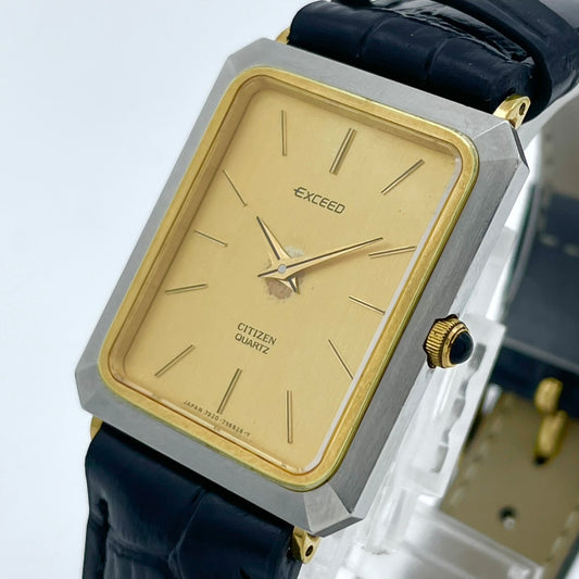 【電池交換済／新品ベルト(社外品)】美品 シチズン citizen エクシード 腕時計 4-796233 メンズ クオーツ 角型 ゴールド文字盤 ブラックレザーベルト ビンテージ アンティーク ドレスウォッチ 薄型 エレガント クラシック 高級モデル クリーニング済み G2