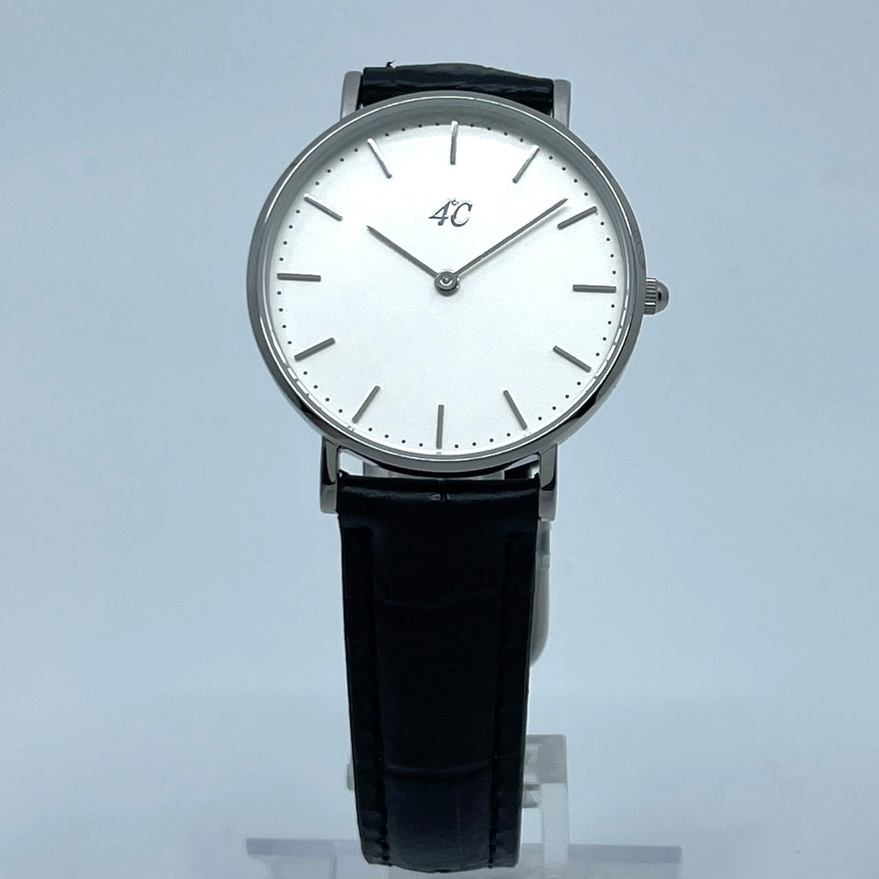 【電池交換済／新品ベルト(社外品)】美品 4℃ ヨンドシー 腕時計 202518 ユニセックス クオーツ アナログ 白文字盤 黒レザーベルト シンプル ミニマルデザイン エレガント ジュエリーウォッチ ファッションウォッチ 人気モデル クリーニング済 G2