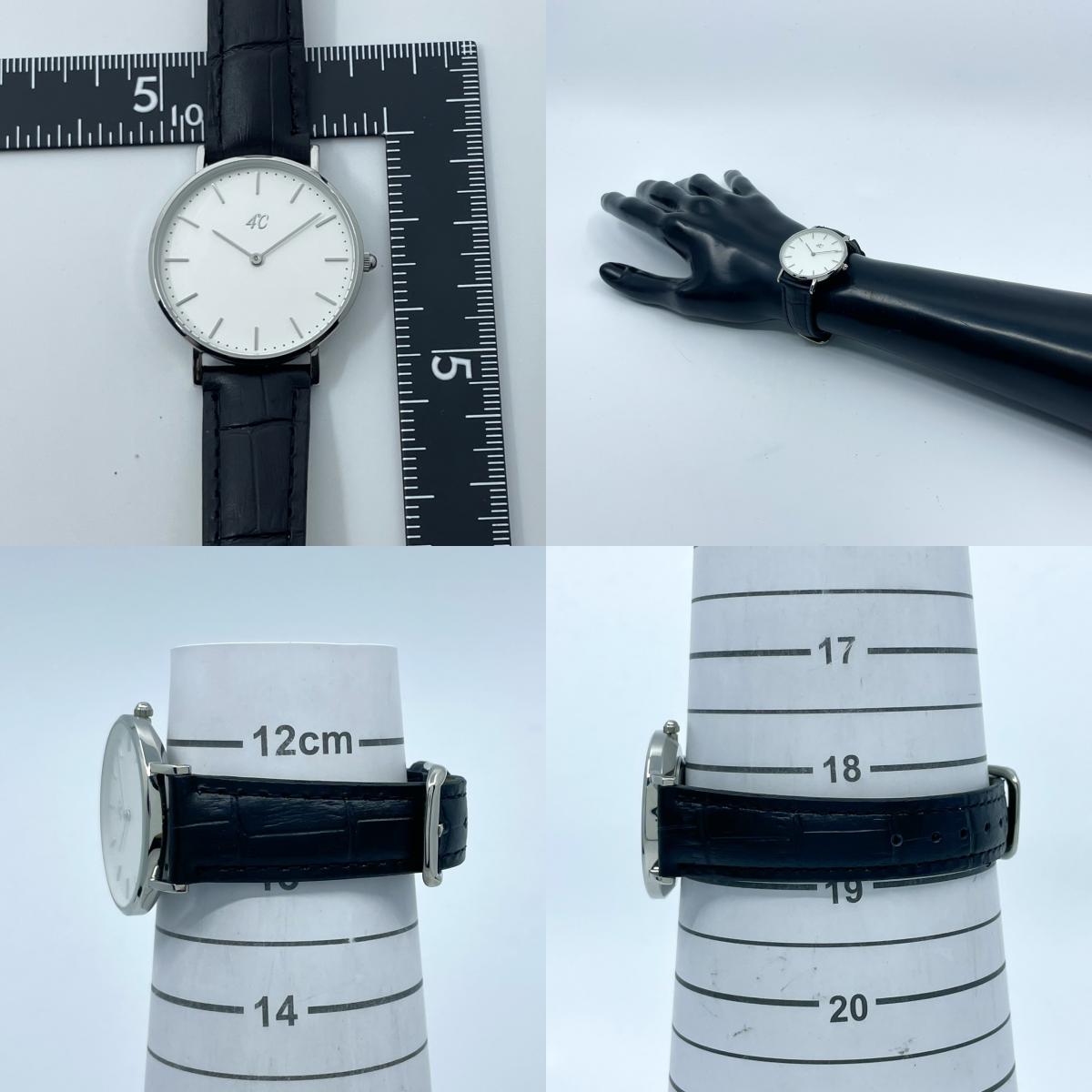 【電池交換済／新品ベルト(社外品)】美品 4℃ ヨンドシー 腕時計 202518 ユニセックス クオーツ アナログ 白文字盤 黒レザーベルト シンプル ミニマルデザイン エレガント ジュエリーウォッチ ファッションウォッチ 人気モデル クリーニング済 G2