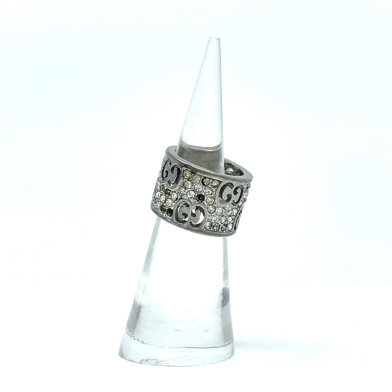 GUCCI グッチ インターロッキングG ラインストーン リング シルバー 銀 ワイド 幅広 デザイン 指輪 ユニセックス 正規品 I1
