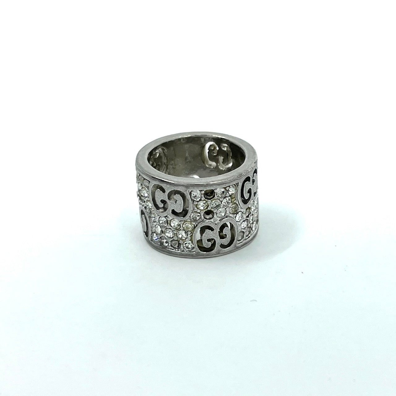 GUCCI グッチ インターロッキングG ラインストーン リング シルバー 銀 ワイド 幅広 デザイン 指輪 ユニセックス 正規品 I1